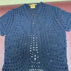 Tory Burch Navy Cardigan Sweater with Intricate Openwork